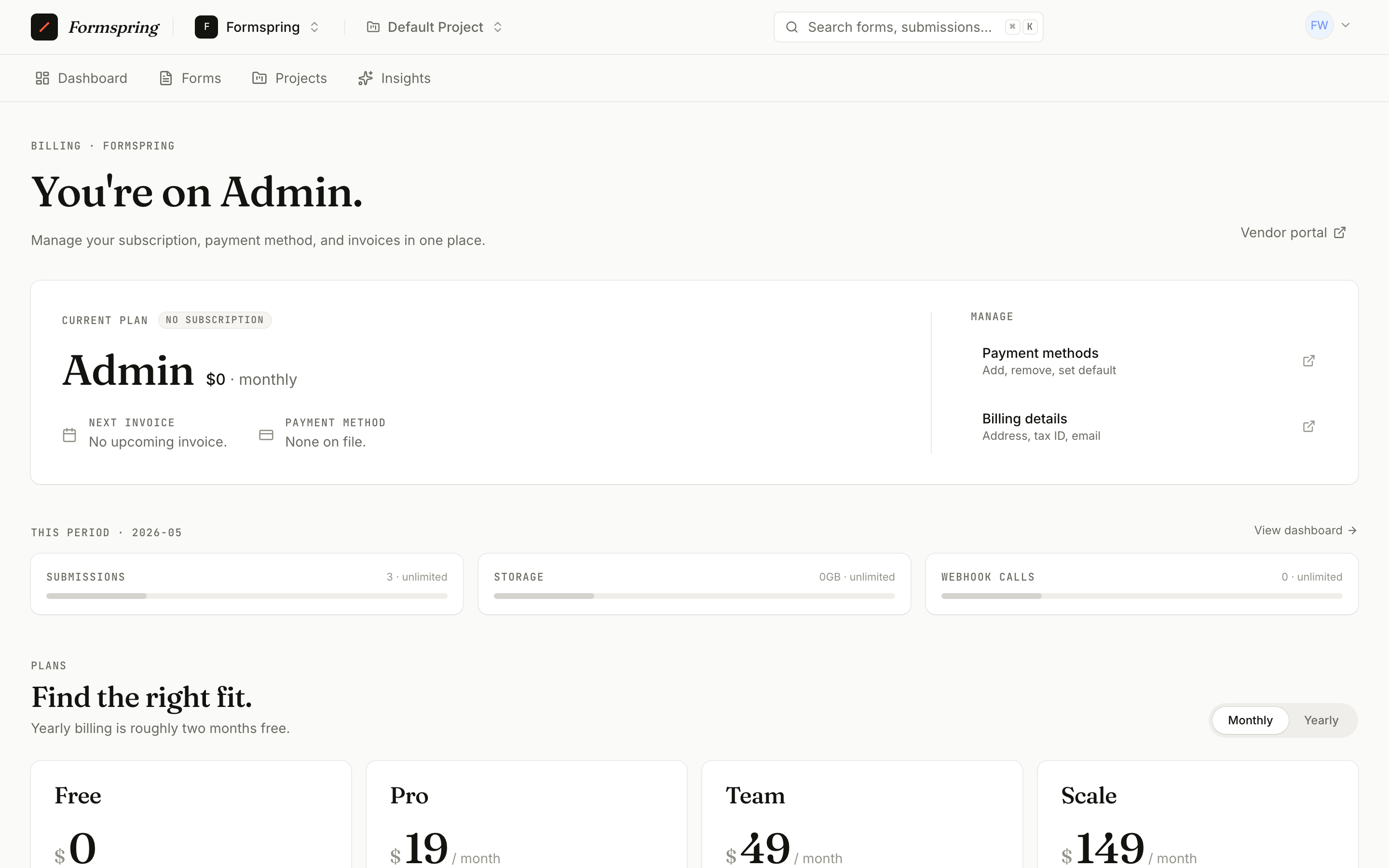 Billing page with plan cards