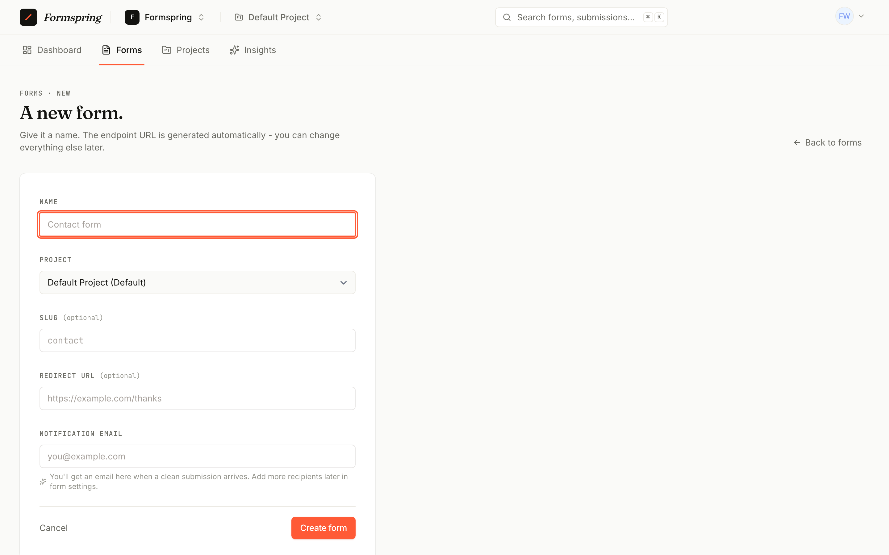 Create form page with template chooser