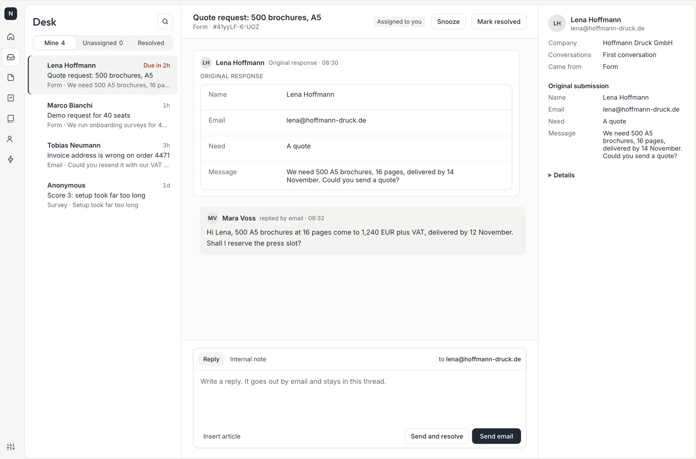 The same Desk thread after the reply was sent from the team's own address.