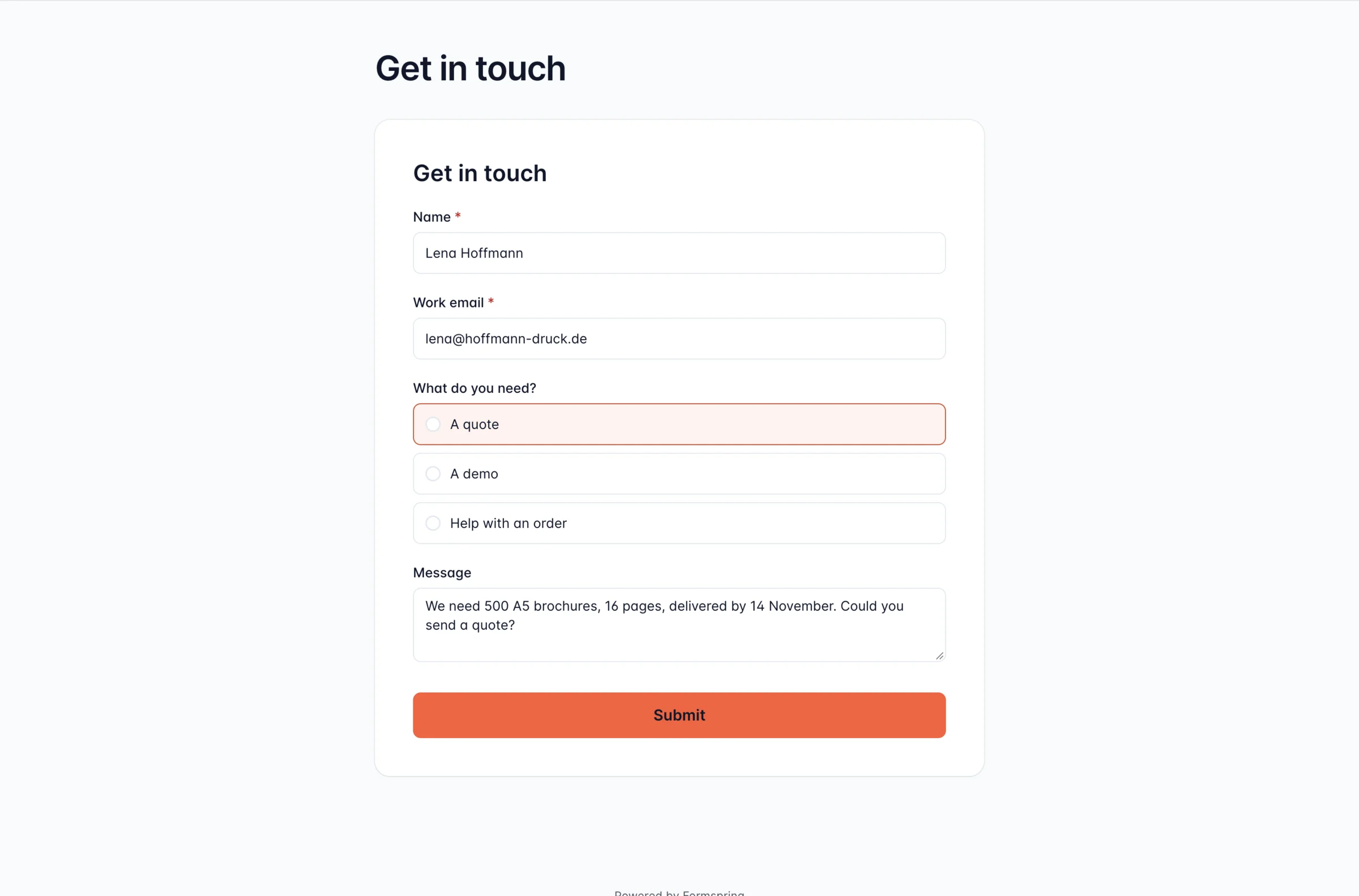 The hosted contact form Get in touch, filled in by Lena Hoffmann with a quote request for 500 brochures.