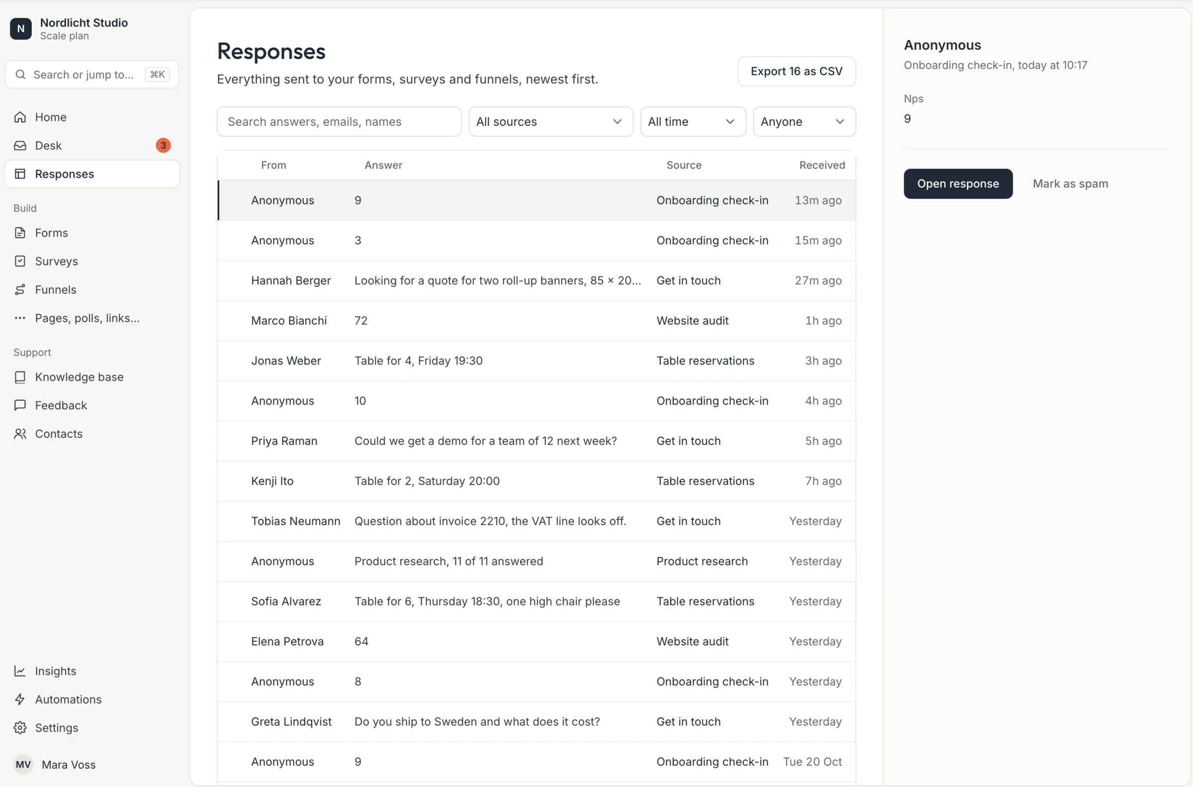 The Responses inbox listing earlier submissions from forms, surveys and funnels.