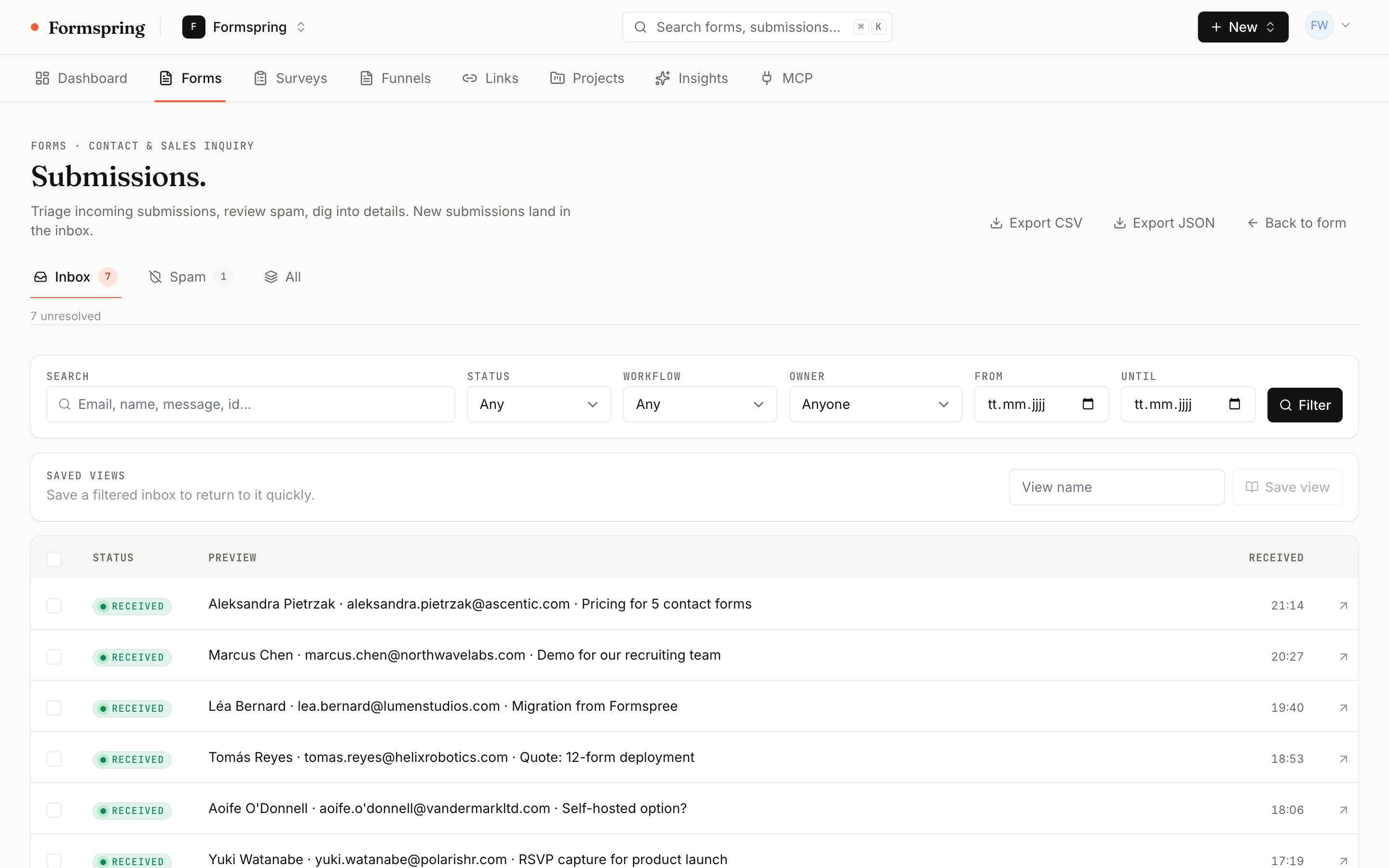 Formspring submission inbox showing eight contact-form replies sorted by team owner and delivery state.